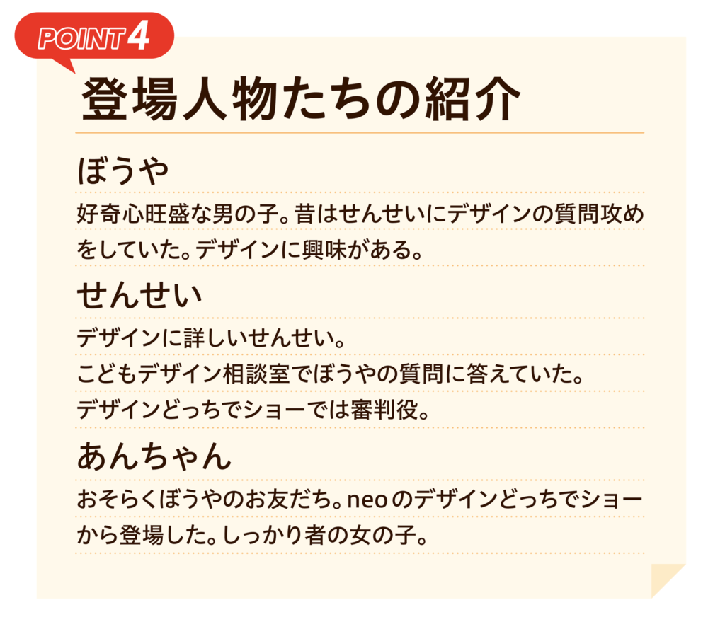 POINT4｜登場人物たちの紹介｜ぼうや 好奇心旺盛な男の子。昔はせんせいにデザインの質問攻め
をしていた。デザインに興味がある。｜せんせい デザインに詳しいせんせい。こどもデザイン相談室でぼうやの質問に答えていた。デザインどっちでショーでは審判役。｜あんちゃん おそらくぼうやのお友だち。neoのデザインどっちでショーから登場した。しっかり者の女の子。